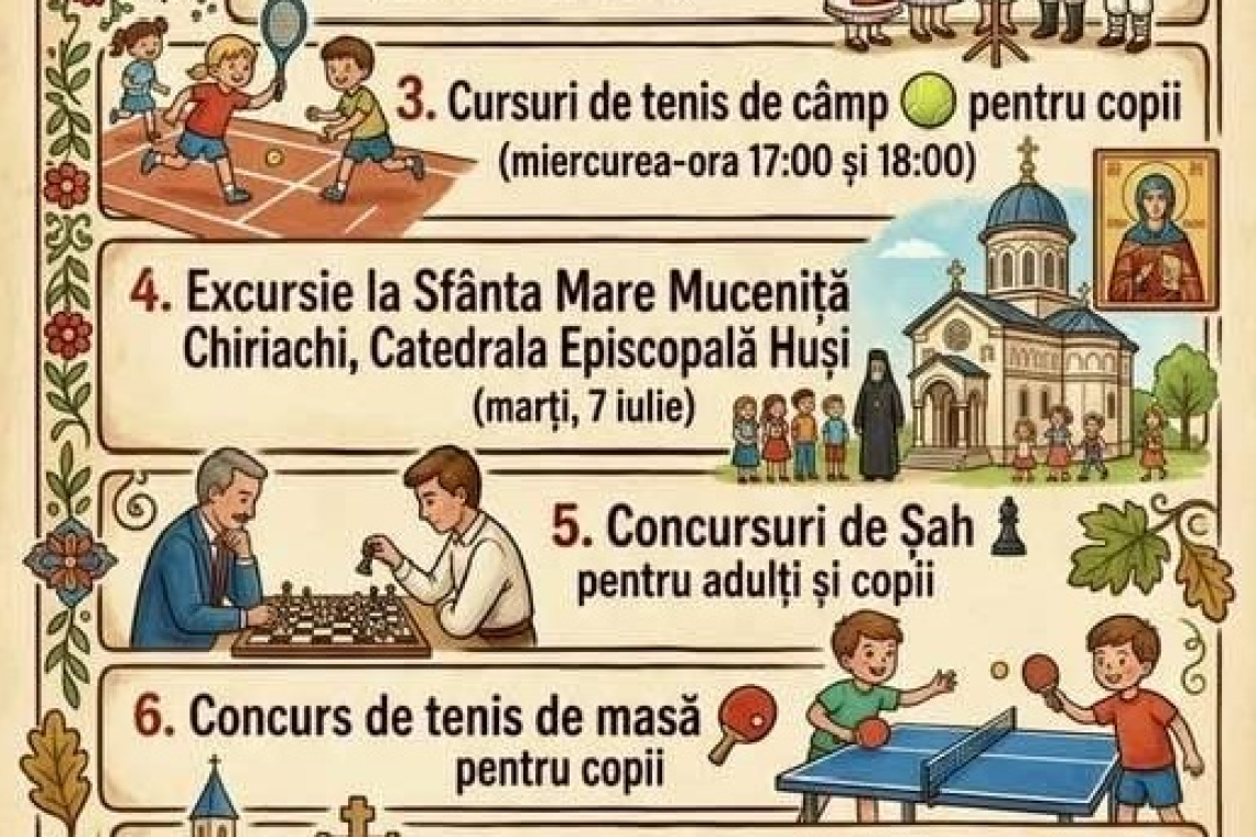 Școala de Vară de la Moara Grecilor: preotul Adrian Buimac îi antrenează pe copii la tenis, șah și tenis de masă